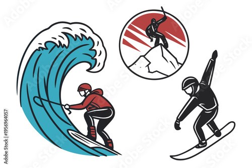 Surfing and skiing with athletes in action surfers skiers blue