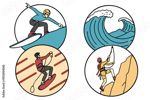 Four circular of surfers and skiers with a wave sports action