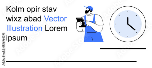 Time management, productivity, scheduling, workplace efficiency, labor, professional tasks. Worker holding clipboard beside a clock. Time management and productivity