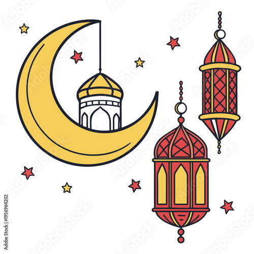 Colorful crescent moon with lanterns and stars colorful ramadan