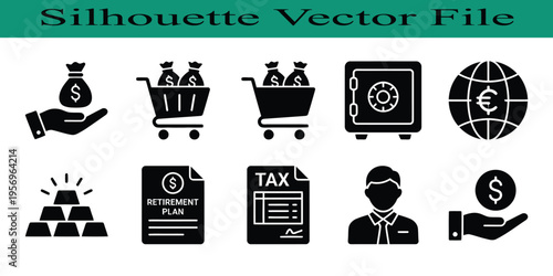 Black silhouettes of various business and finance icons on white background