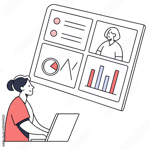 Woman working on laptop with large data screen business finance