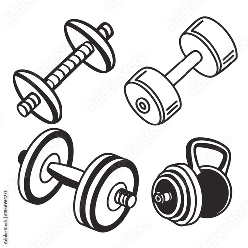 Black and white dumbbells and kettlebell weights fitness exercise