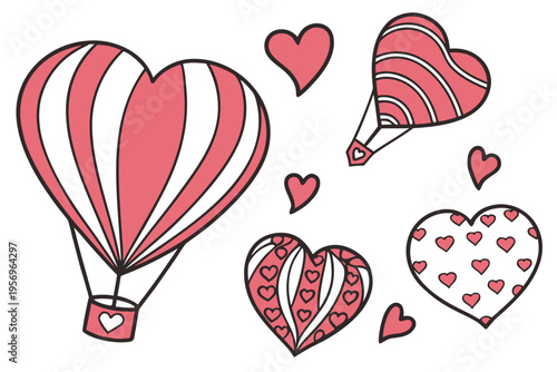 Red and white heart shaped hot air balloons and hearts striped