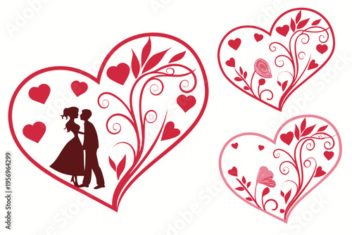 Red heart shapes with floral and couples valentine's day love romance