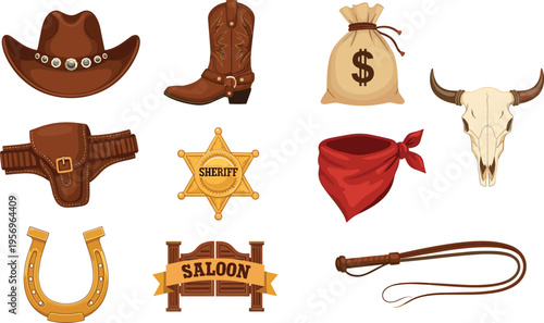 Wild west cowboy elements set, sheriff badge, hat, boots, saloon sign and western accessories vector illustration isolated