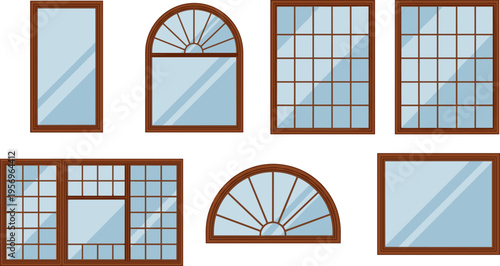 Window, collection, wooden, frames, glass, architecture, interior, exterior, house, design, modern, classic, facade, decorative, illustration, vector, isolated, construction, set, style