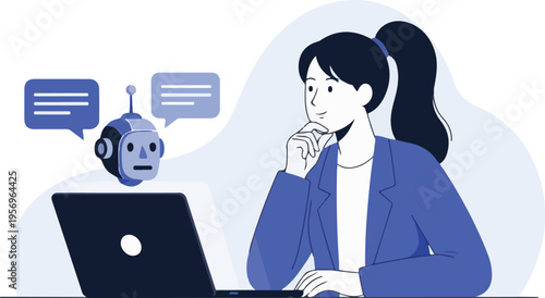 Woman working on laptop with robot and chat bubbles