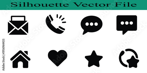 Set of black silhouette icons for communication and social media isolated on white background