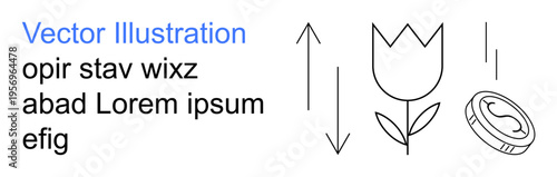 Business growth, economic trends, finance, investment, market analysis, profit increase. Coin and tulip with text lines. Business growth and economic trends concept