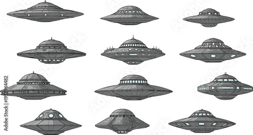 UFO flying saucer spacecraft collection futuristic alien spaceship illustration isolated on light background science fiction technology space exploration design set