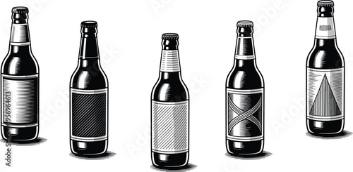 Vintage Beer Bottle Illustration Set with Retro Labels, Hand Drawn Engraving Style for Brewery Branding and Beverage Packaging Design
