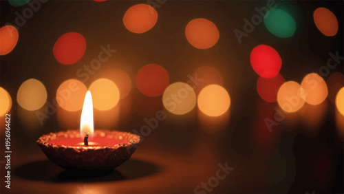 Warm diya lamp with soft flame and colorful bokeh lights in background for diwali celebration