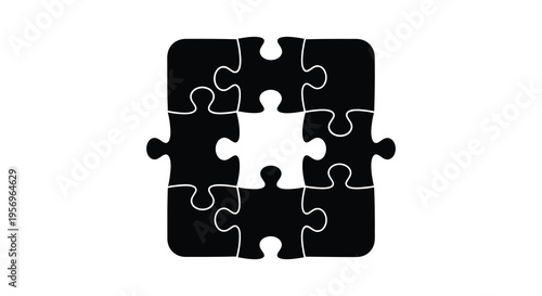 Black puzzle pieces forming a square with a missing center silhouette