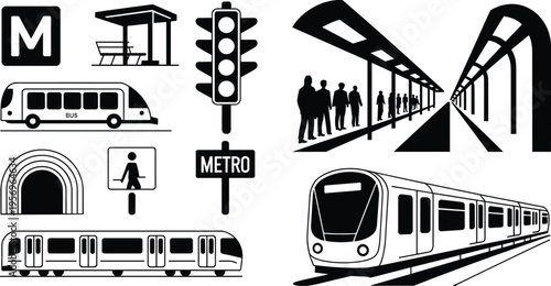 Urban public transportation icons set featuring metro stations, subway trains, platforms, buses and transit signage silhouettes isolated on white background