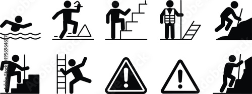 Work safety hazard icon set showing climbing ladders stairs fall risks warning symbols black vector silhouettes isolated background design