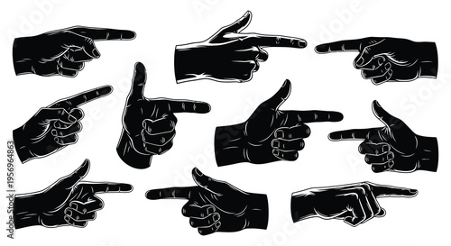 Various hands pointing forward in a striking black silhouette