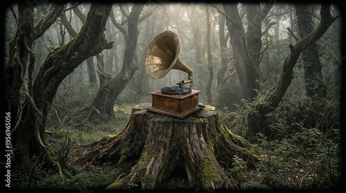 an old gramophone on a stump in the forest . Generative AI