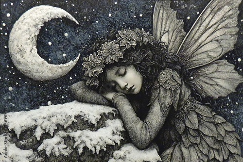 Whimsical fairy sleeping under moonlight sky.