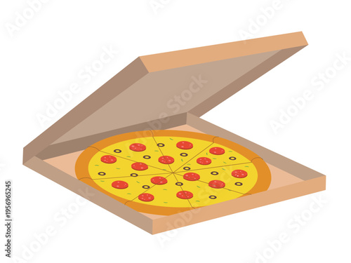 A whole pizza in an open box. Flat color vector illustration isolated on a white background