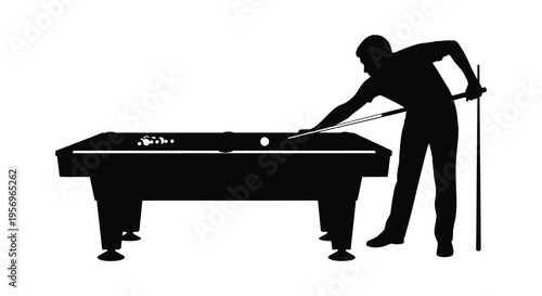A player aims a shot on a pool table a striking silhouette