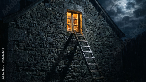 light in the window of the house at night and a staircase . Generative AI