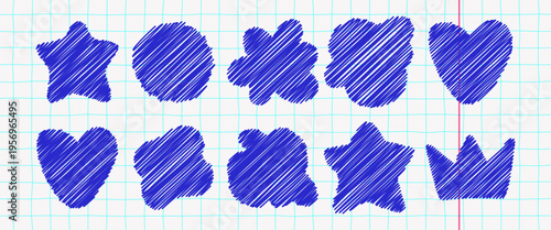 Chaotic pen scribble set with rough brush scratches and playful doodle shapes. Expressive messy strokes create dynamic abstract textures for bold modern layouts.