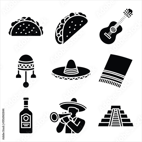 A collection of black silhouette icons representing various aspects of Mexican culture and food