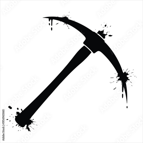 A black pickaxe tool covered in ink splatters and drips on a clean white surface