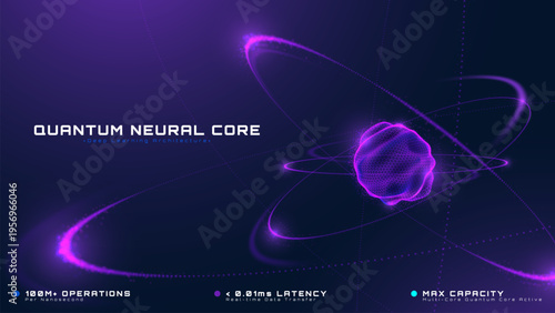 Abstract futuristic technology background showing glowing purple quantum neural core. Deep learning AI network concept with digital data orbit ring. Vector illustration.