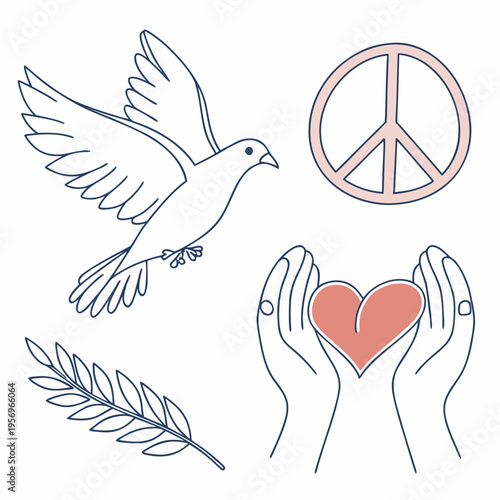 Peace symbols with dove hands heart and olive branch