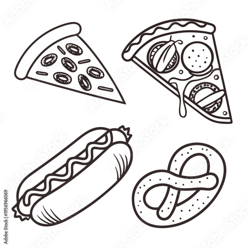 Four food including pizza, hot dog, and pretzel cartoon