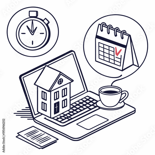 Laptop with house and calendar clock coffee