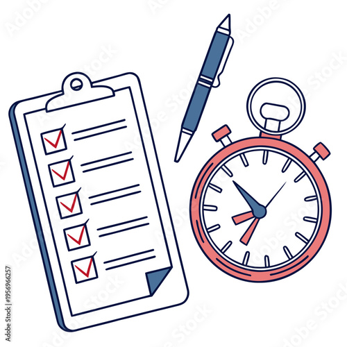 Clipboard with checklist stopwatch and pen time