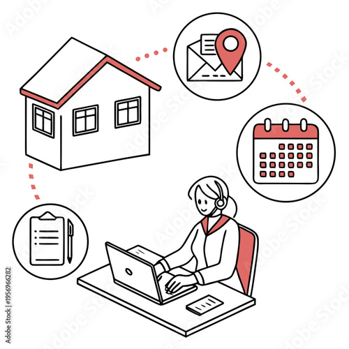 Woman working on laptop with house calendar clipboard and location