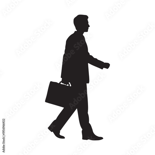 Side view male model in studio isolated on white background with alpha channel. Silhouette of businessman in suit walking with a briefcase in his hand.
