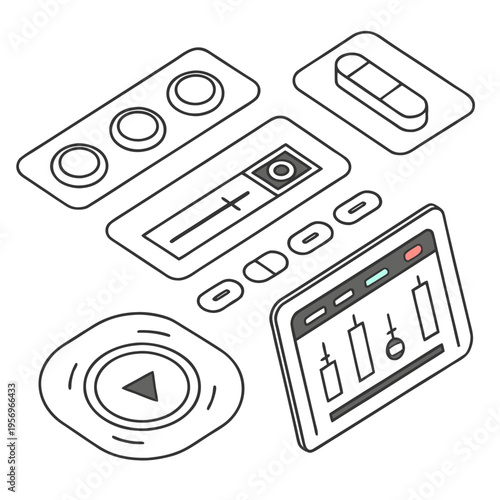 Black and white control buttons and interfaces on white technology industrial
