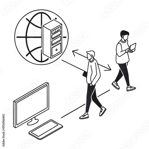 People interacting with computer and server for data exchange