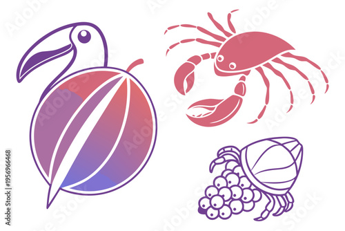 Tropical featuring toucan, crab, and seashell symbols