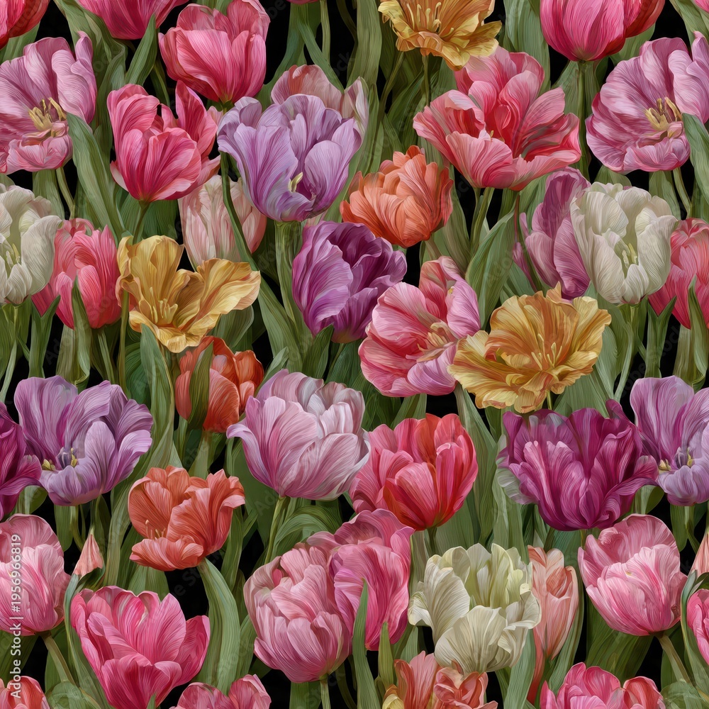 Obraz premium Vibrant Spring Tulips Field Floral Pattern Detailed Botanical Art With Green Stems