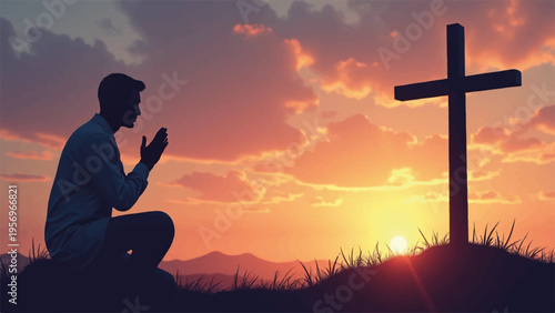 Man praying in silhouette at sunset with cross on hill serene landscape background