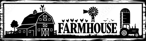 Farmhouse vector illustration with barn, windmill and tractor