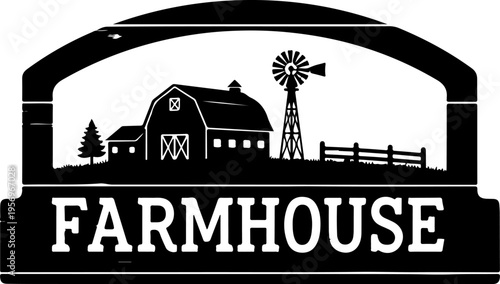 Farmhouse vector sign with barn, windmill and fence