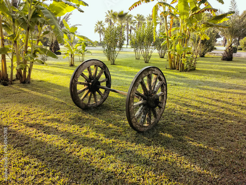 Photos A pair of vintage wooden wagon wheels on a connecting axle, resting on a green l