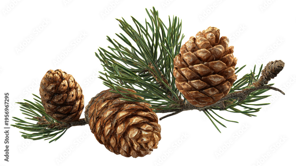 Fototapeta premium Pine cones and needles on a branch, providing a natural forest element for autumn and winter concepts, evergreen foliage with rustic textures on transparent background