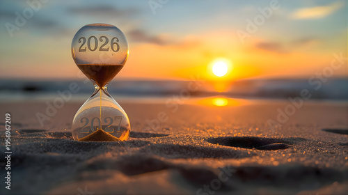 Cinematic Macro of Hourglass on Sunset Beach with 2026 and 2027 Etched Glass, Symbolizing New Year Transition and Future Planning