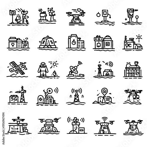 A collection of intricate line art illustrations showcasing various elements of technology and modern infrastructure, including drones, communication towers, and buildings. 