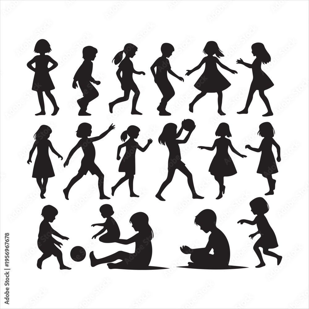 Fototapeta premium Children playing vector silhouette clip art logo design concept illustration idea