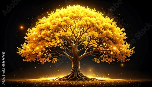 Golden Tree of Life Illuminated by Magical Light.
