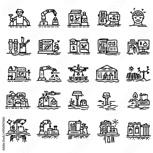 Collection of illustrated icons representing advancements in modern agricultural technology, showcasing diverse elements of sustainable farming and innovative practices.